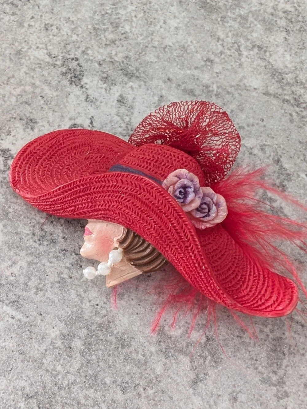 Red Decorative Ladies Hat Brooch with Purple Flower Accents